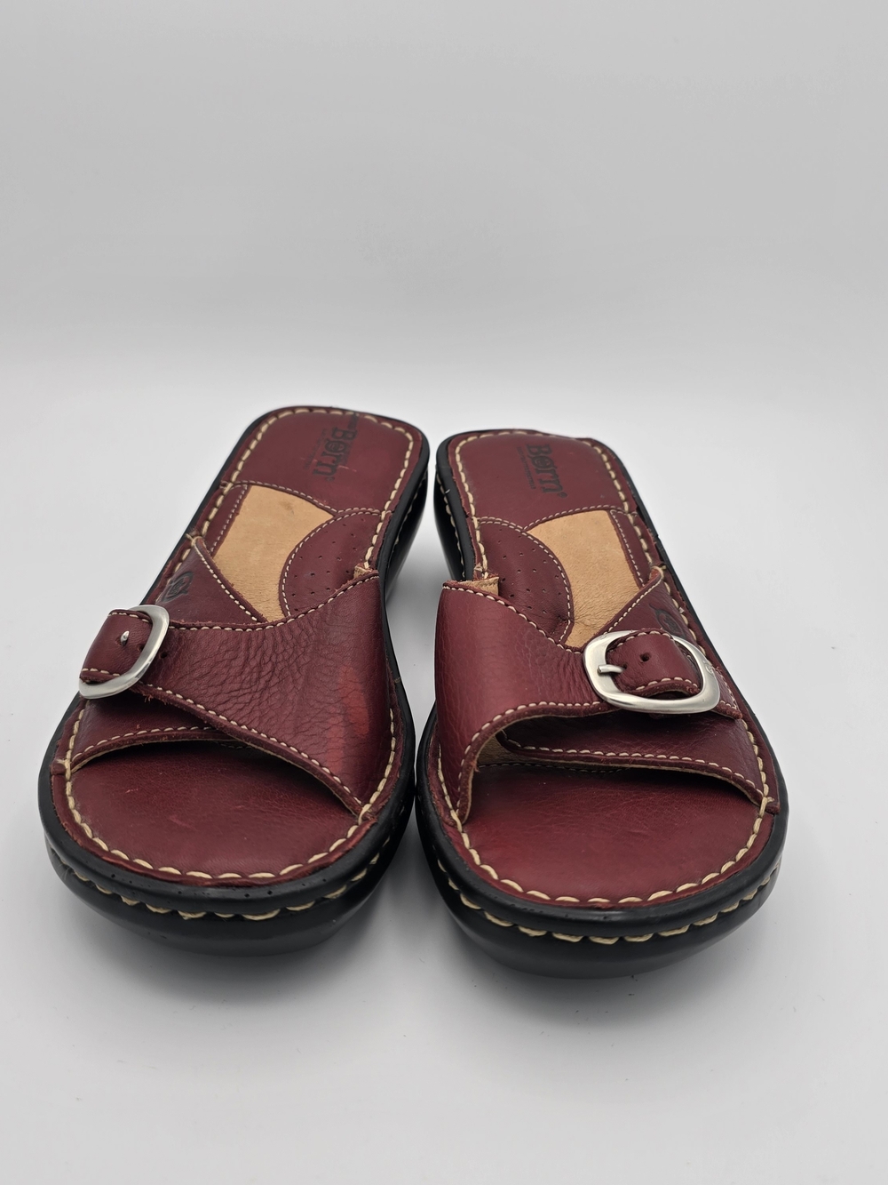 Born Burgundy Leather Slide Mules with Silver Buckle W6 Comfortable Walking